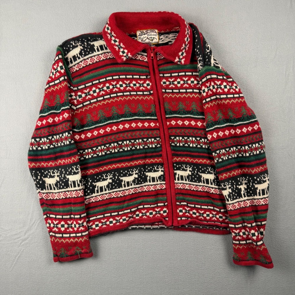 Vintage Heirloom Collectibles Reindeer Fair Isle Zip Cardigan Sweater Red Large
